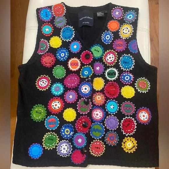 Vintage Michael Simon Black Rainbow Appliqué Circle Sweater Vest Sz S - Picture 1 of 7